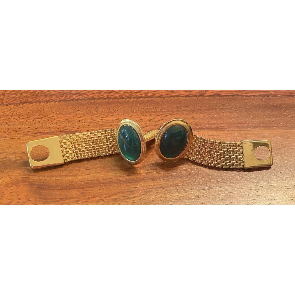 Cufflinks Gold Tone Green Stone Chain link Bullet Back Retro VTG